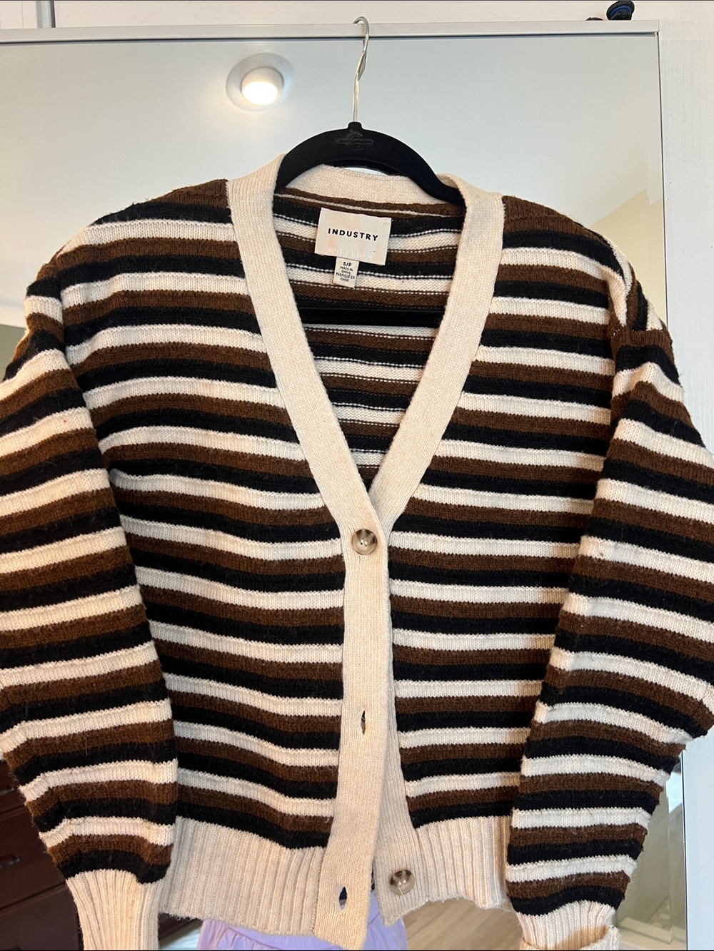 INDUSTRY Striped Button Cardigan in Cream, Brown & Black size Small